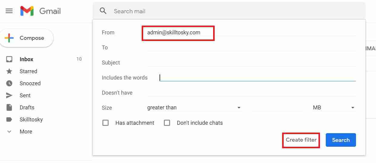 Gmail filter creation popup with From field filled in