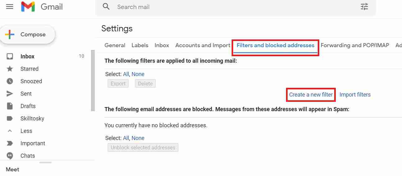 Filters and Blocked Addresses tab in Gmail settings