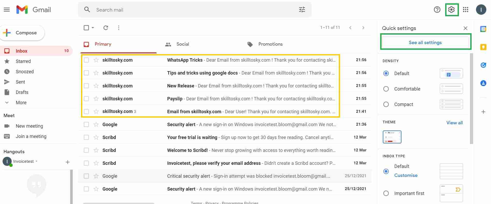 Gmail settings menu with gear icon highlighted
