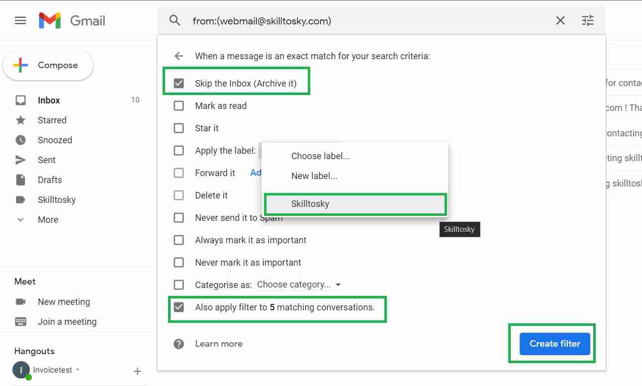 Gmail filter options showing Apply the label and Skip Inbox settings