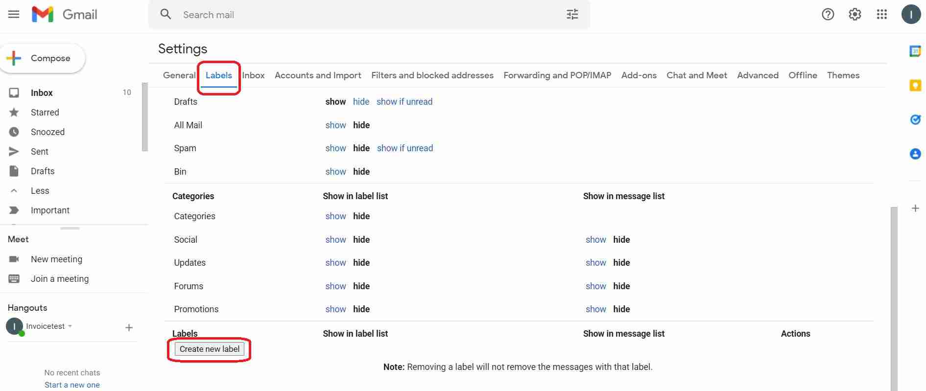 Creating a new label in Gmail settings