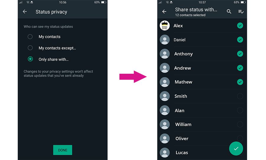 WhatsApp status privacy setting