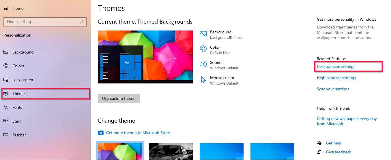 Desktop icon settings under Related Settings in Windows 10 Themes