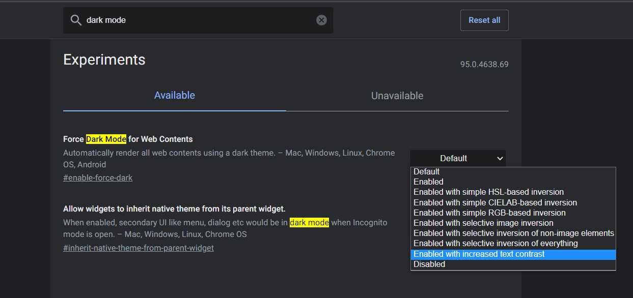 Selecting Enable option for Chrome dark mode flag