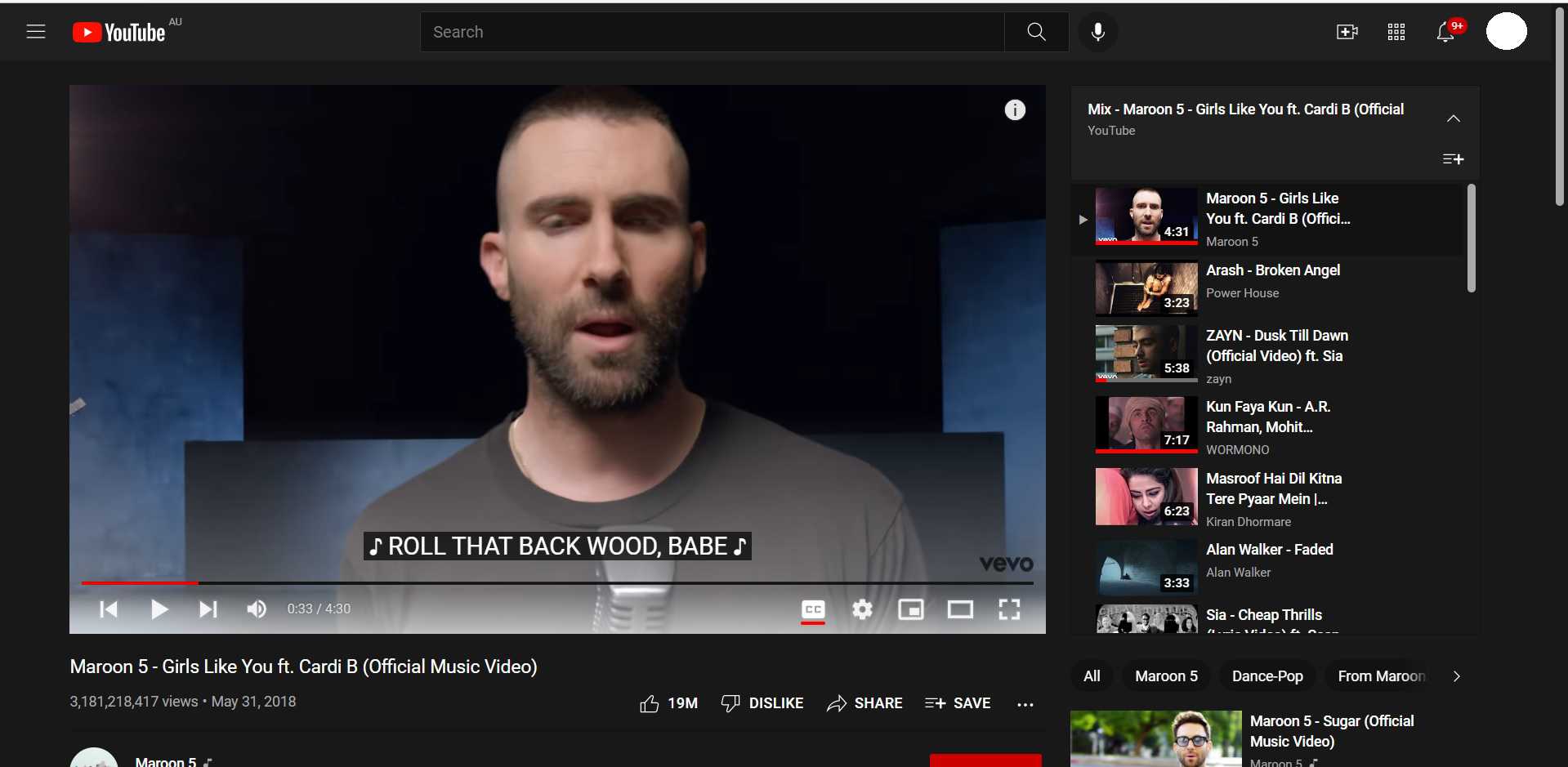 YouTube displayed in Chrome Dark Mode
