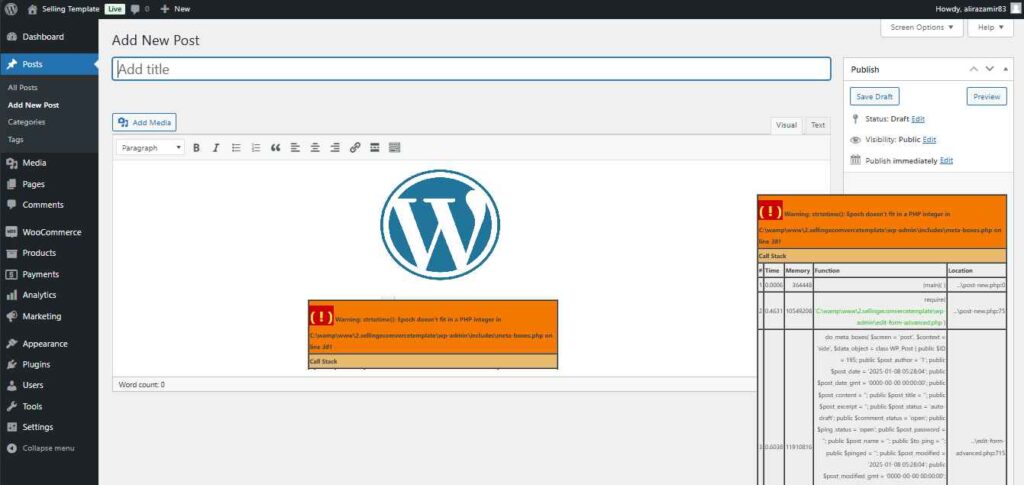 Wordpress error message