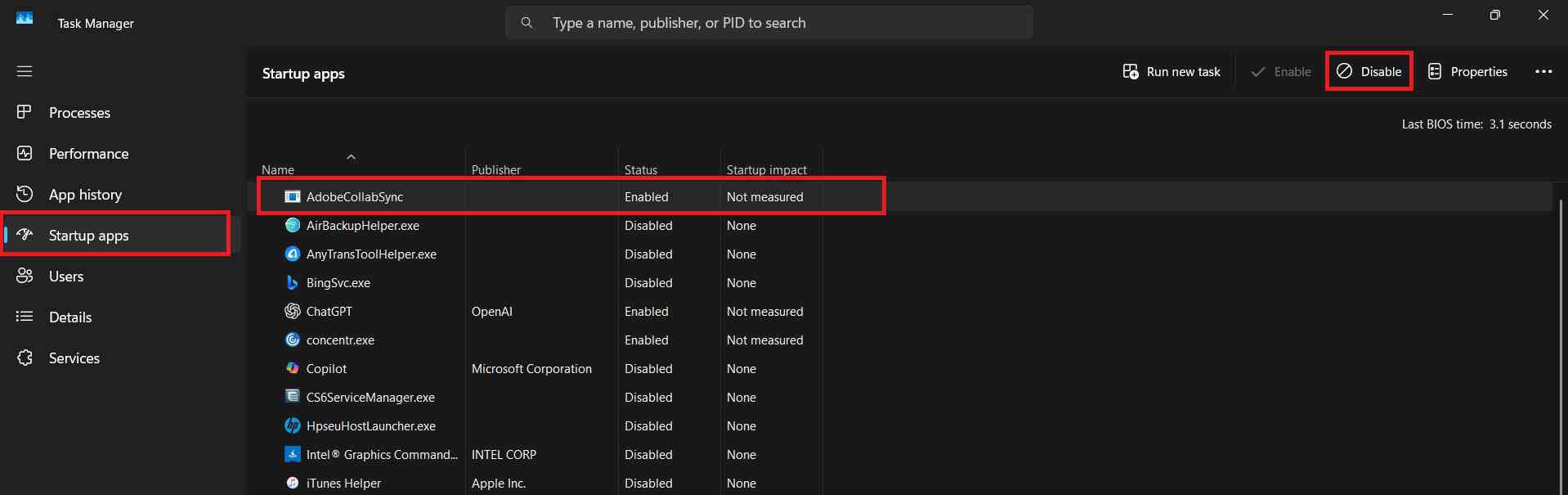 disable start up programs that are not required to improve performance
