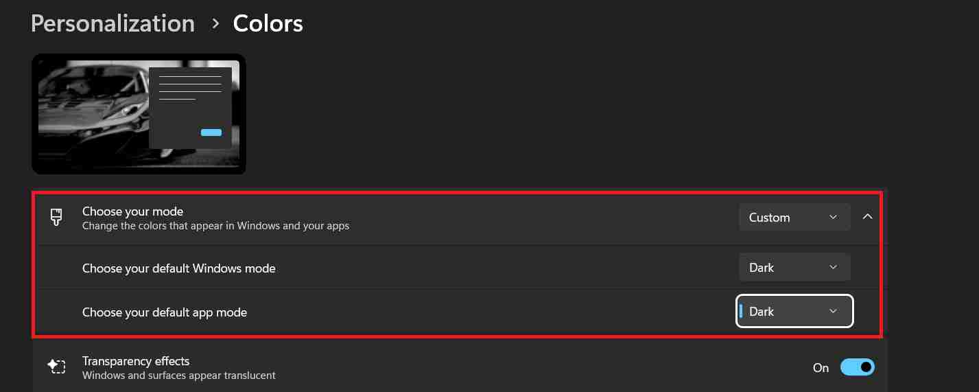 Custom mode options in Windows 11 dark mode settings showing Windows mode and App mode controls