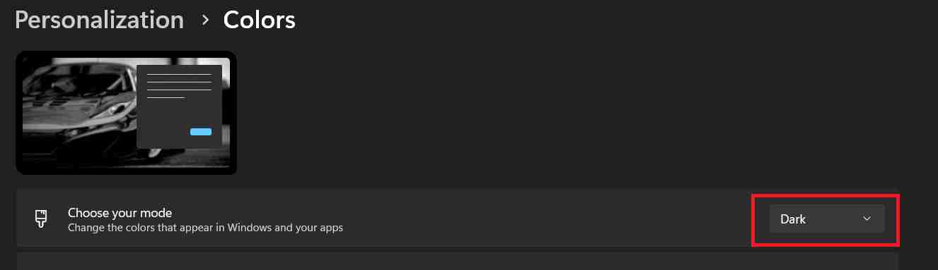 Selecting Dark mode from Choose your mode dropdown in Windows 11 Personalization Colors settings