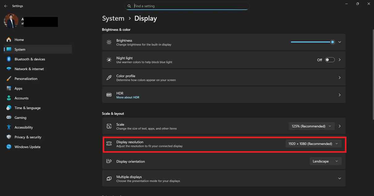 locate display resolution option in windows 11