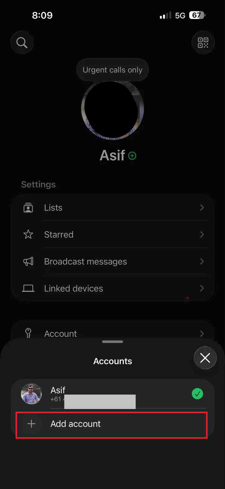 WhatsApp Accounts panel open on iPhone showing the current account and the Add account option