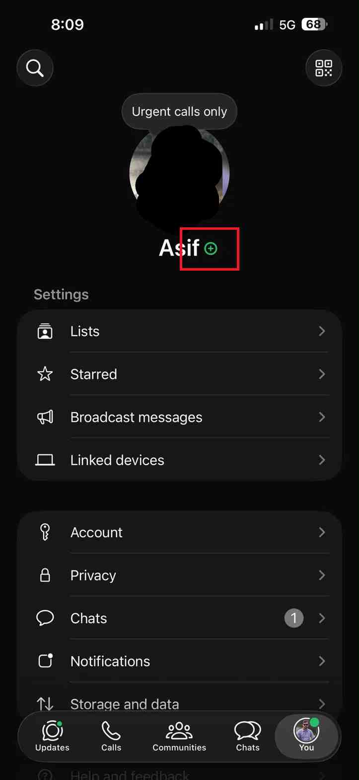 WhatsApp Settings tab on iOS 26 showing the profile name with a green plus icon next to it for adding an account