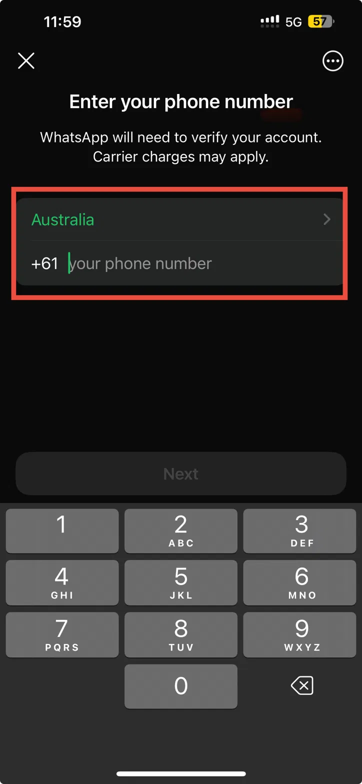 WhatsApp phone number entry screen showing the country selector and number field