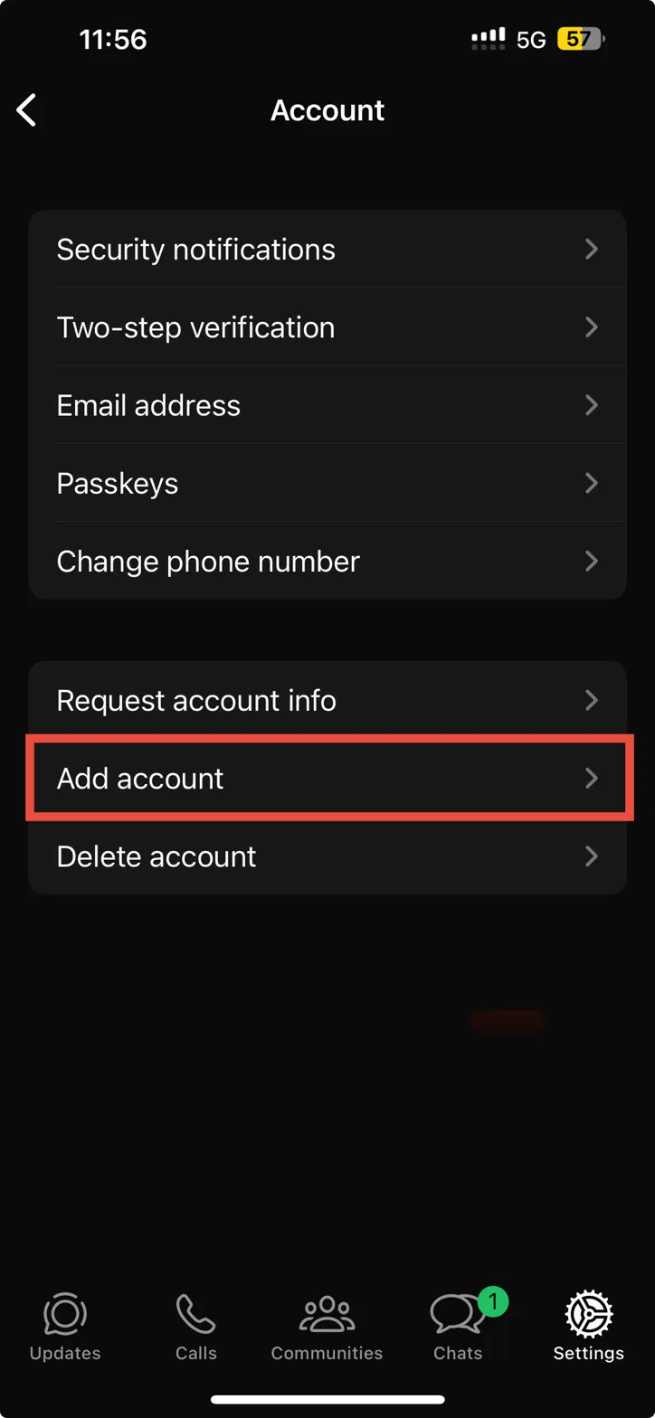 whatsapp - click on add account to add second whatsapp account
