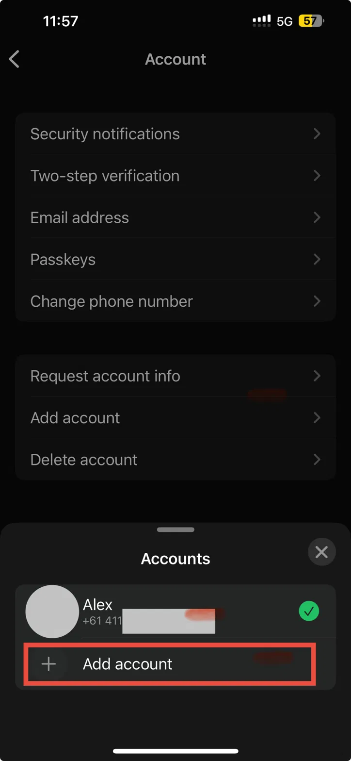 WhatsApp Account settings with the Accounts panel open at the bottom, showing the current account and the Add account option highlighted