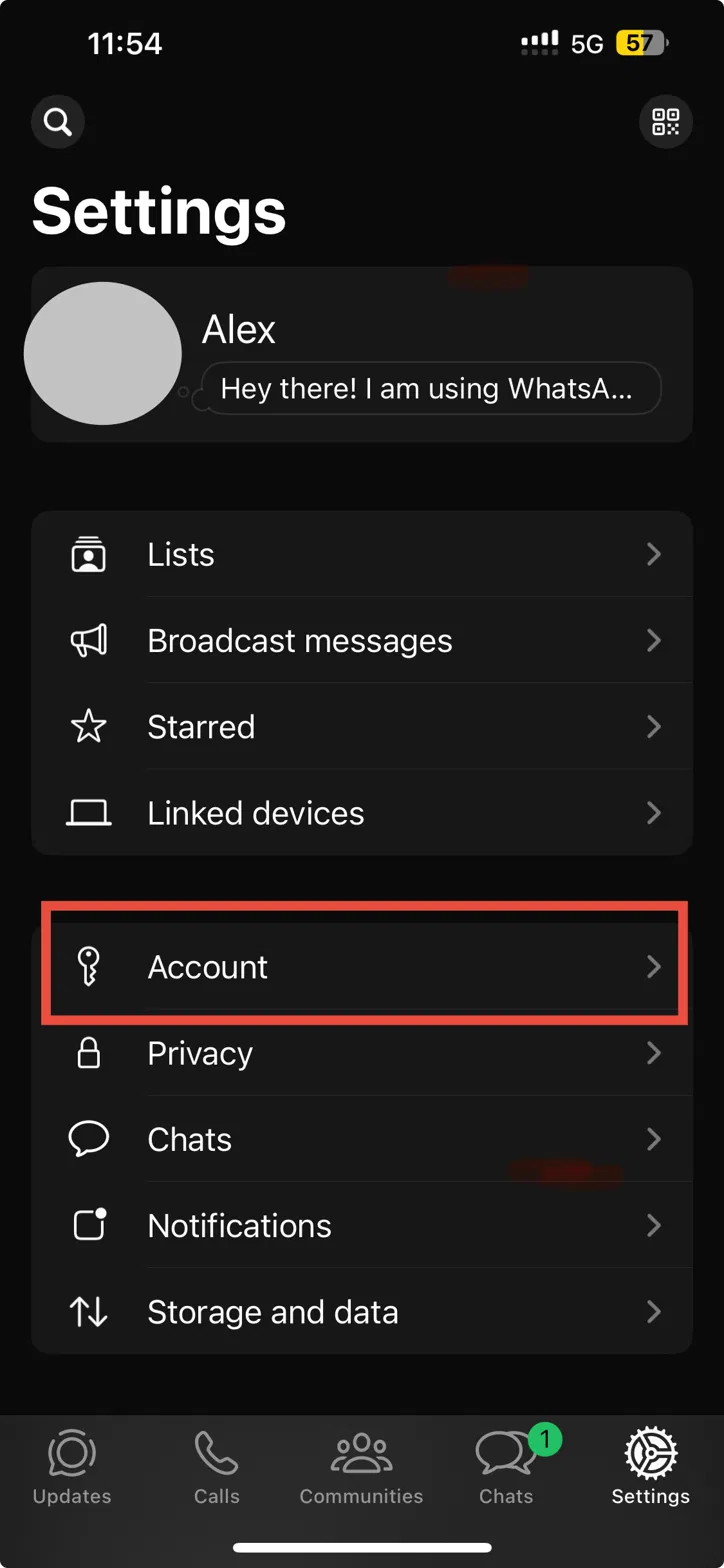 click on settings and then click account